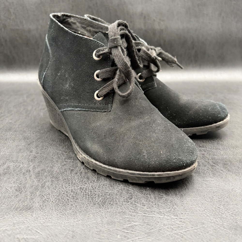 Skechers BOBS Black Suede Wedge Booties Lace Up Leopard‎ Print